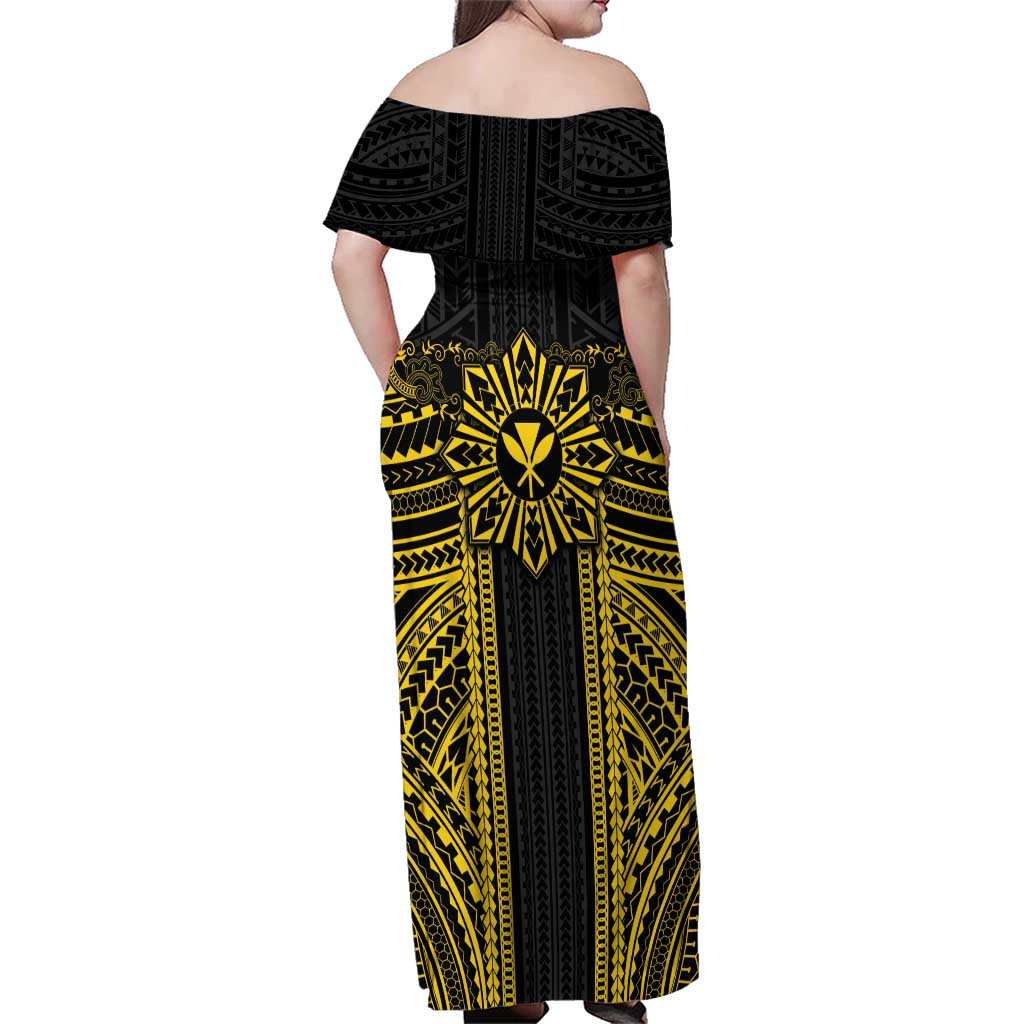 Hawaii And Philippines Together Family Matching Off Shoulder Maxi Dress and Hawaiian Shirt Polynesian Pattern With Filipino Barong Gold LT05 - Polynesian Pride