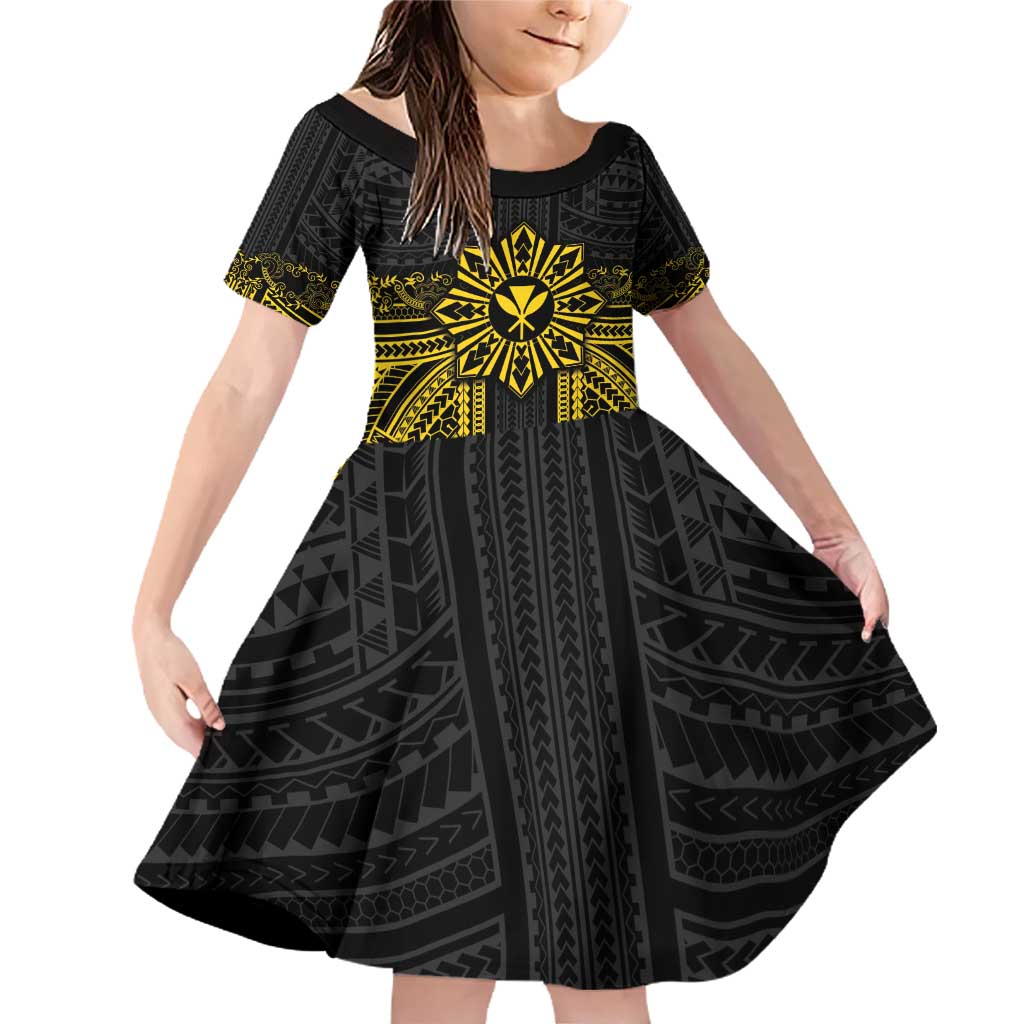 Hawaii And Philippines Together Family Matching Off Shoulder Short Dress and Hawaiian Shirt Polynesian Pattern With Filipino Barong Gold LT05 Daughter's Dress Gold - Polynesian Pride