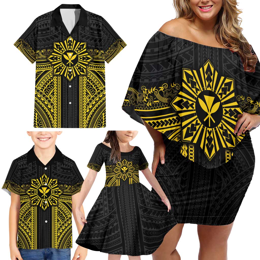 Hawaii And Philippines Together Family Matching Off Shoulder Short Dress and Hawaiian Shirt Polynesian Pattern With Filipino Barong Gold LT05 - Polynesian Pride