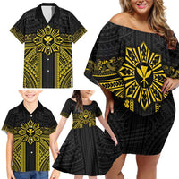 Hawaii And Philippines Together Family Matching Off Shoulder Short Dress and Hawaiian Shirt Polynesian Pattern With Filipino Barong Gold LT05 - Polynesian Pride