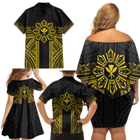 Hawaii And Philippines Together Family Matching Off Shoulder Short Dress and Hawaiian Shirt Polynesian Pattern With Filipino Barong Gold LT05 - Polynesian Pride