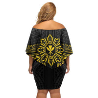 Hawaii And Philippines Together Family Matching Off Shoulder Short Dress and Hawaiian Shirt Polynesian Pattern With Filipino Barong Gold LT05 - Polynesian Pride