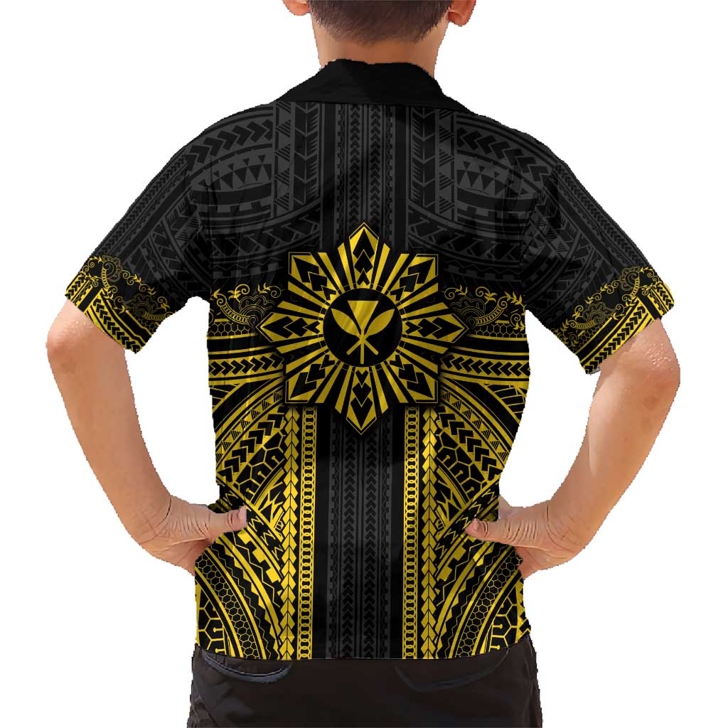 Hawaii And Philippines Together Family Matching Short Sleeve Bodycon Dress and Hawaiian Shirt Polynesian Pattern With Filipino Barong Gold LT05 - Polynesian Pride