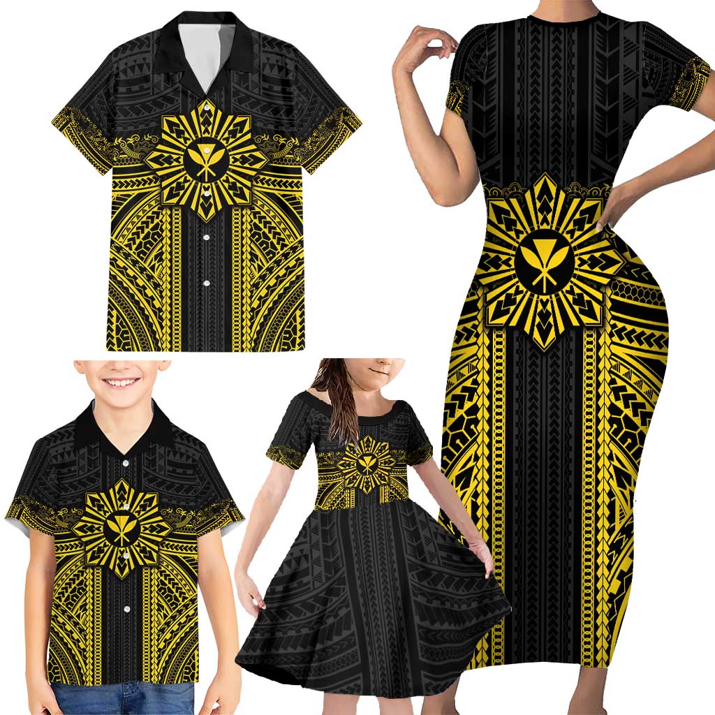 Hawaii And Philippines Together Family Matching Short Sleeve Bodycon Dress and Hawaiian Shirt Polynesian Pattern With Filipino Barong Gold LT05 - Polynesian Pride