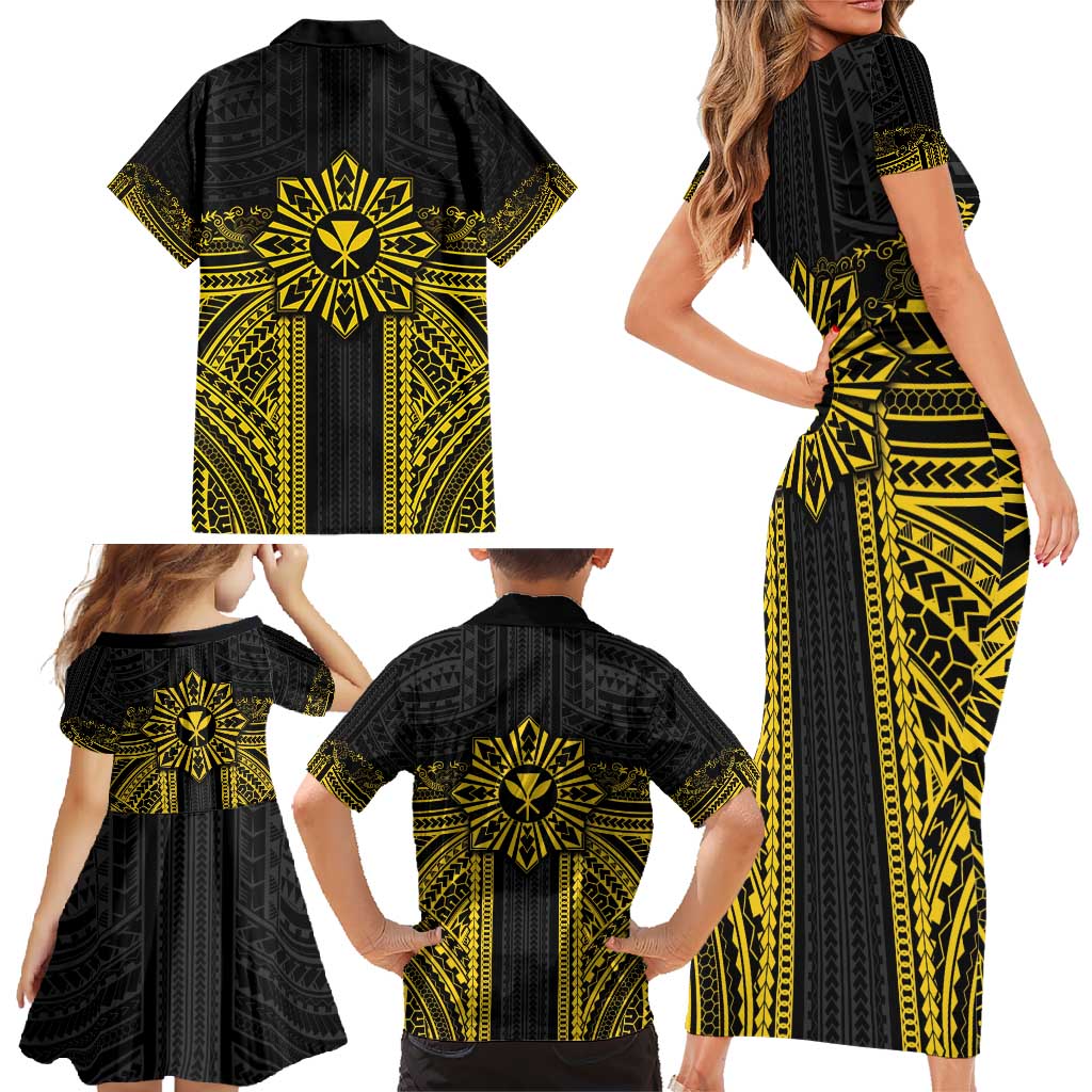 Hawaii And Philippines Together Family Matching Short Sleeve Bodycon Dress and Hawaiian Shirt Polynesian Pattern With Filipino Barong Gold LT05 - Polynesian Pride