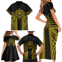 Hawaii And Philippines Together Family Matching Short Sleeve Bodycon Dress and Hawaiian Shirt Polynesian Pattern With Filipino Barong Gold LT05 - Polynesian Pride
