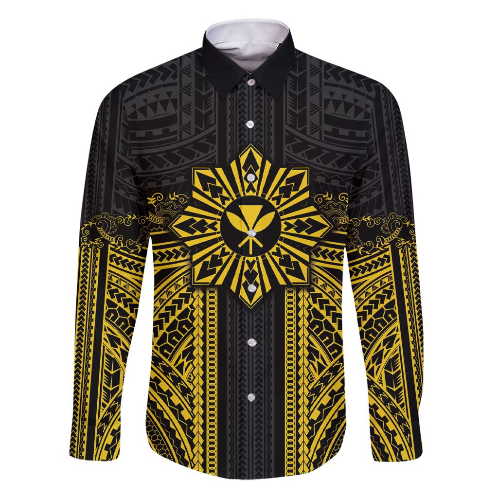 Hawaii And Philippines Together Family Matching Short Sleeve Bodycon Dress and Hawaiian Shirt Polynesian Pattern With Filipino Barong Gold LT05 Dad's Shirt - Long Sleeve Gold - Polynesian Pride
