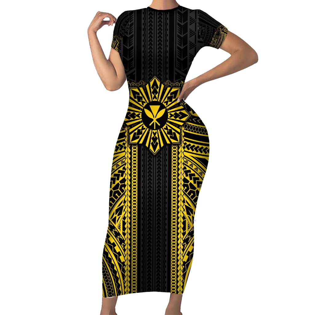 Hawaii And Philippines Together Family Matching Short Sleeve Bodycon Dress and Hawaiian Shirt Polynesian Pattern With Filipino Barong Gold LT05 Mom's Dress Gold - Polynesian Pride