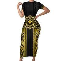 Hawaii And Philippines Together Family Matching Short Sleeve Bodycon Dress and Hawaiian Shirt Polynesian Pattern With Filipino Barong Gold LT05 Mom's Dress Gold - Polynesian Pride