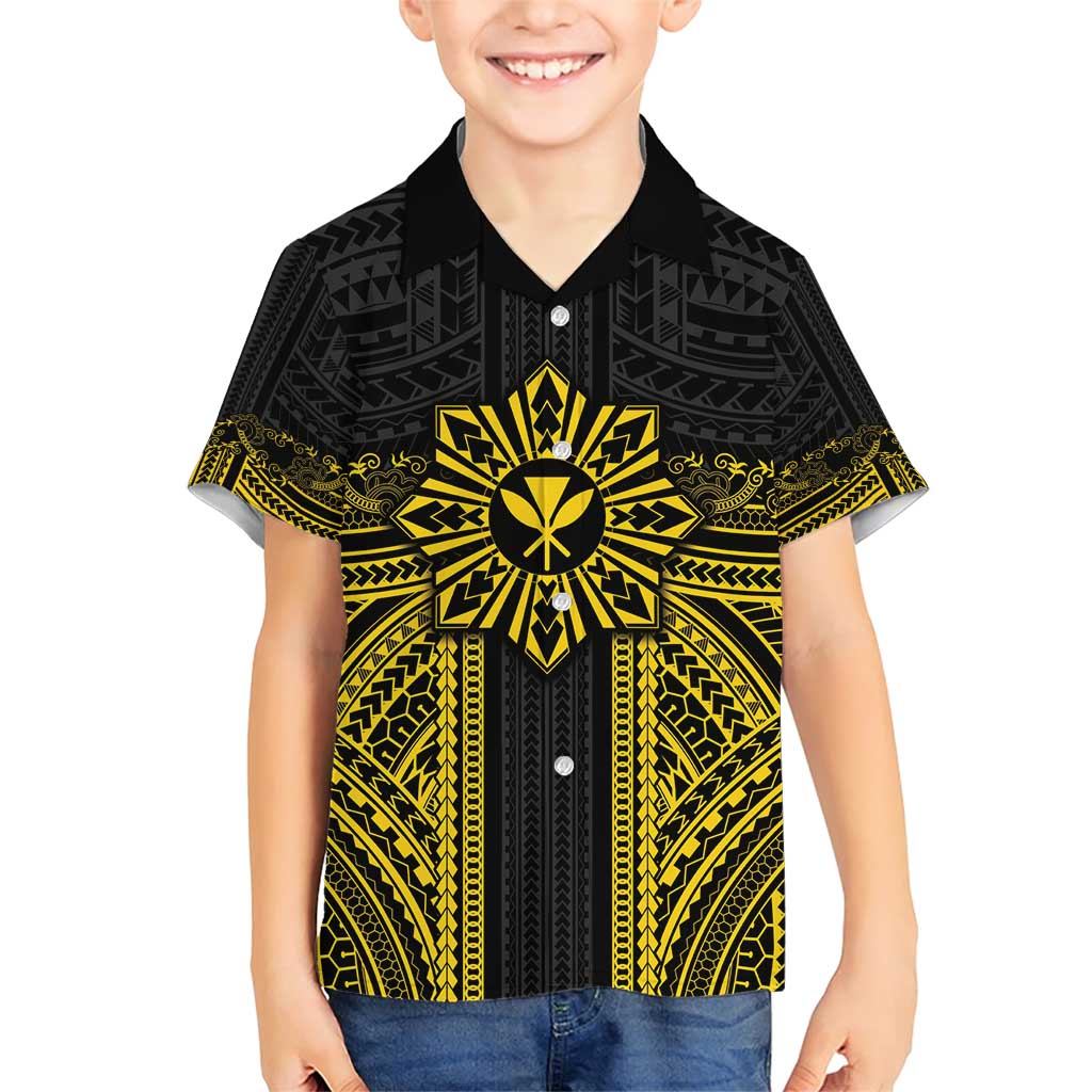 Hawaii And Philippines Together Family Matching Short Sleeve Bodycon Dress and Hawaiian Shirt Polynesian Pattern With Filipino Barong Gold LT05 Son's Shirt Gold - Polynesian Pride