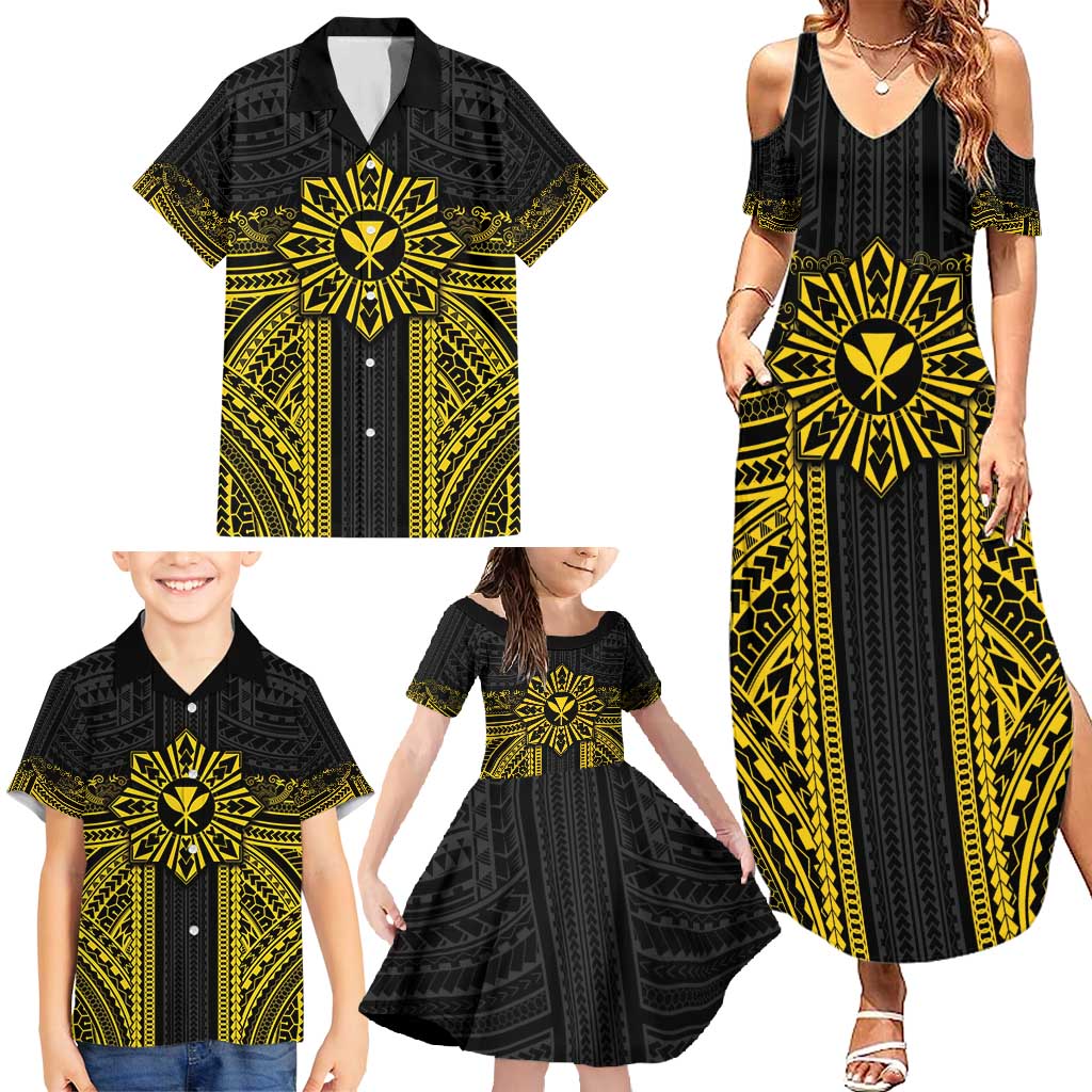 Hawaii And Philippines Together Family Matching Summer Maxi Dress and Hawaiian Shirt Polynesian Pattern With Filipino Barong Gold LT05 - Polynesian Pride
