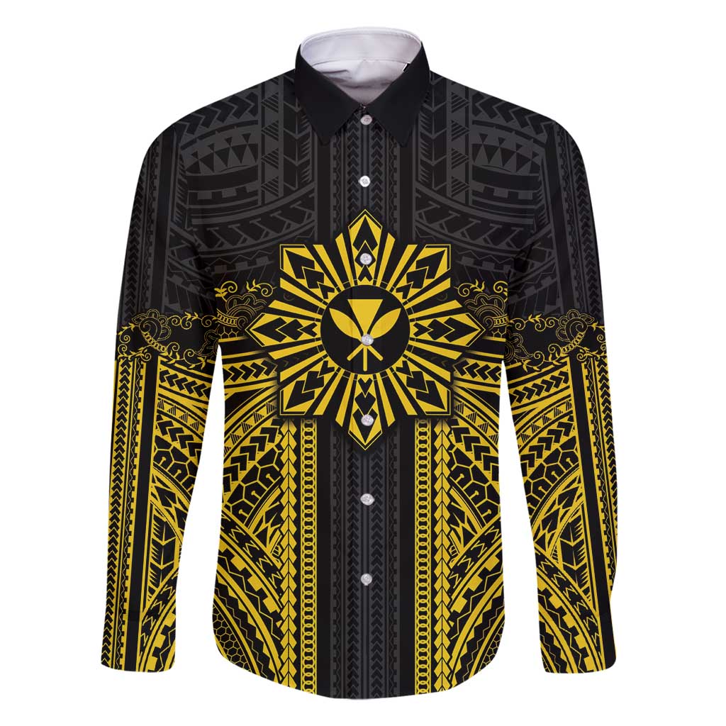 Hawaii And Philippines Together Family Matching Summer Maxi Dress and Hawaiian Shirt Polynesian Pattern With Filipino Barong Gold LT05 Dad's Shirt - Long Sleeve Gold - Polynesian Pride
