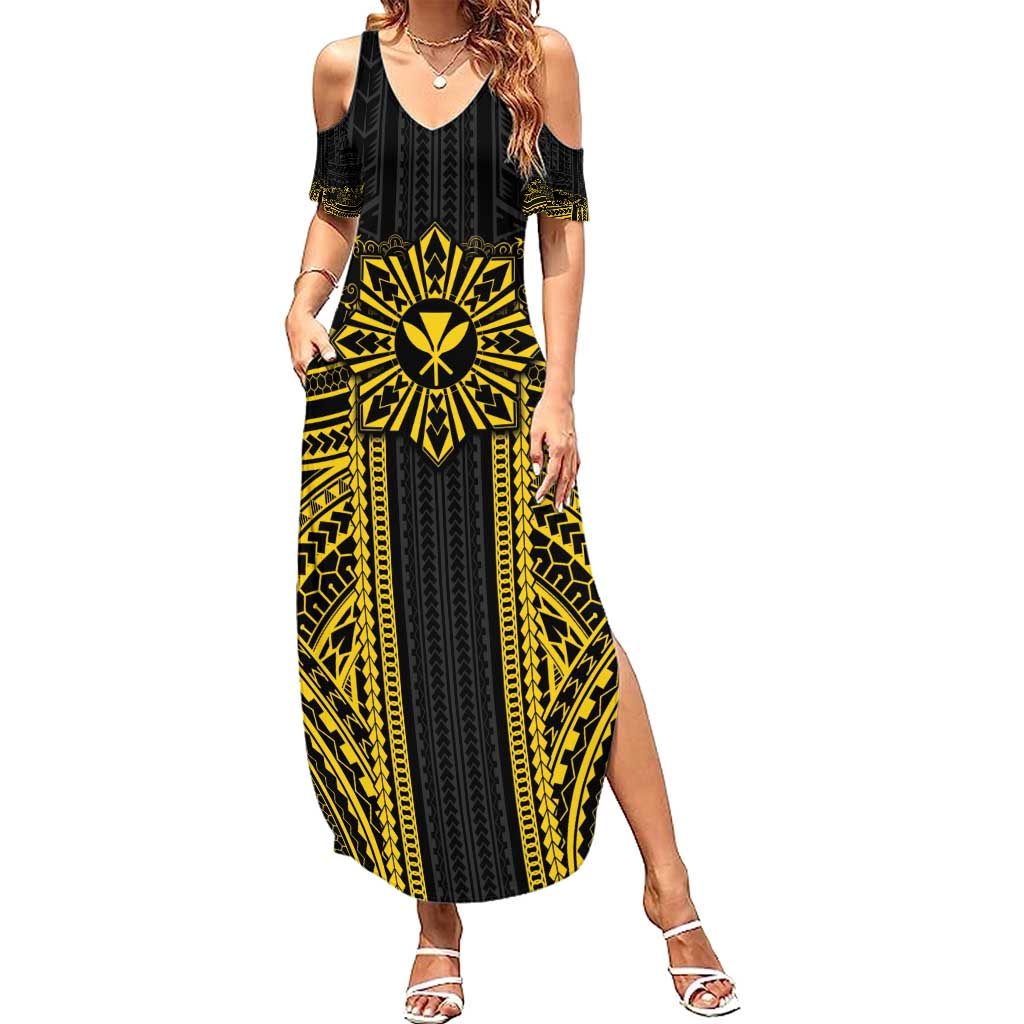 Hawaii And Philippines Together Family Matching Summer Maxi Dress and Hawaiian Shirt Polynesian Pattern With Filipino Barong Gold LT05 Mom's Dress Gold - Polynesian Pride