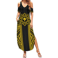 Hawaii And Philippines Together Family Matching Summer Maxi Dress and Hawaiian Shirt Polynesian Pattern With Filipino Barong Gold LT05 Mom's Dress Gold - Polynesian Pride