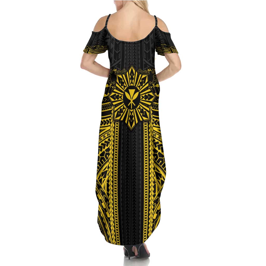 Hawaii And Philippines Together Family Matching Summer Maxi Dress and Hawaiian Shirt Polynesian Pattern With Filipino Barong Gold LT05 - Polynesian Pride