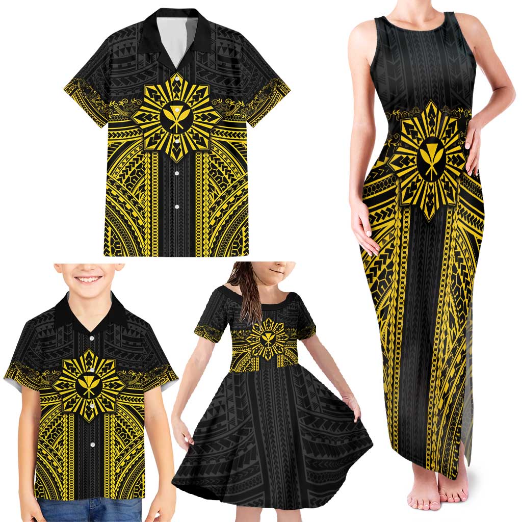 Hawaii And Philippines Together Family Matching Tank Maxi Dress and Hawaiian Shirt Polynesian Pattern With Filipino Barong Gold LT05 - Polynesian Pride