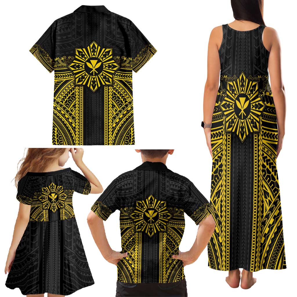 Hawaii And Philippines Together Family Matching Tank Maxi Dress and Hawaiian Shirt Polynesian Pattern With Filipino Barong Gold LT05 - Polynesian Pride