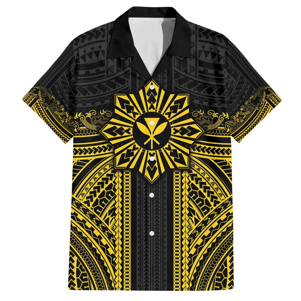 Hawaii And Philippines Together Family Matching Tank Maxi Dress and Hawaiian Shirt Polynesian Pattern With Filipino Barong Gold LT05 Dad's Shirt - Short Sleeve Gold - Polynesian Pride