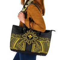 Hawaii And Philippines Together Leather Tote Bag Polynesian Pattern With Filipino Barong Gold LT05 Gold - Polynesian Pride