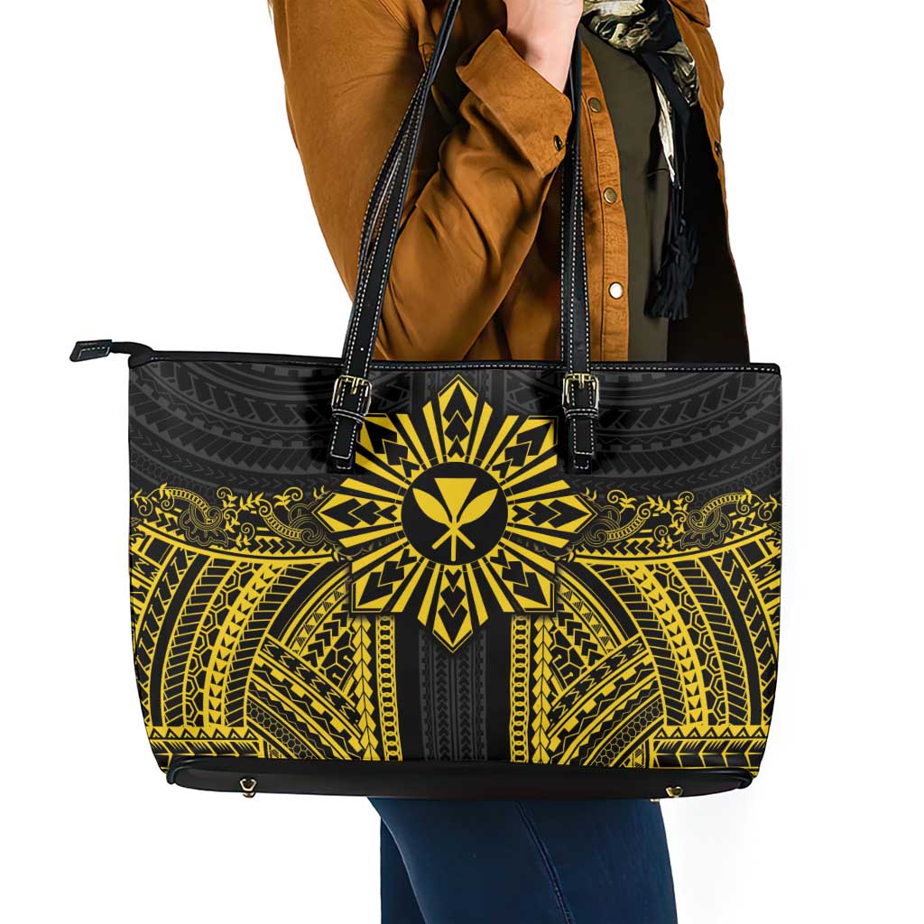 Hawaii And Philippines Together Leather Tote Bag Polynesian Pattern With Filipino Barong Gold LT05 - Polynesian Pride