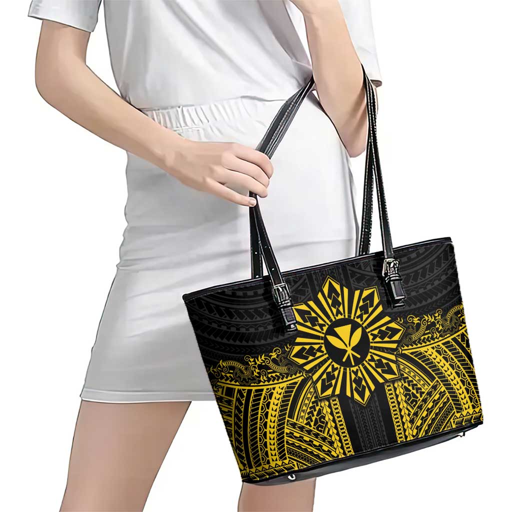 Hawaii And Philippines Together Leather Tote Bag Polynesian Pattern With Filipino Barong Gold LT05 - Polynesian Pride
