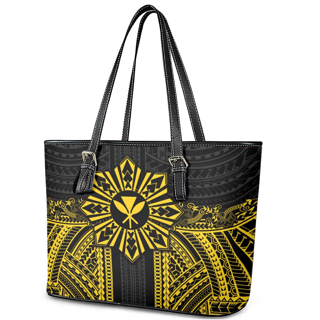 Hawaii And Philippines Together Leather Tote Bag Polynesian Pattern With Filipino Barong Gold LT05 - Polynesian Pride