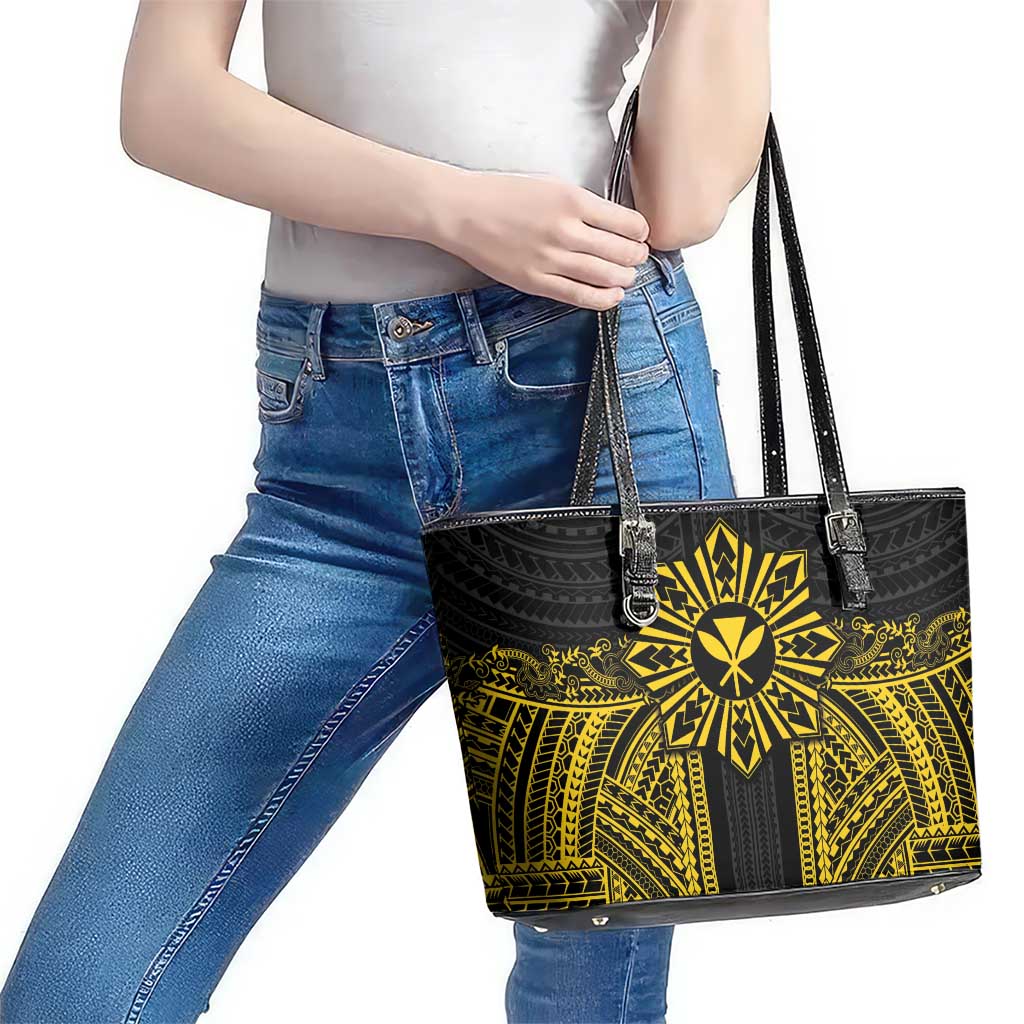 Hawaii And Philippines Together Leather Tote Bag Polynesian Pattern With Filipino Barong Gold LT05 - Polynesian Pride