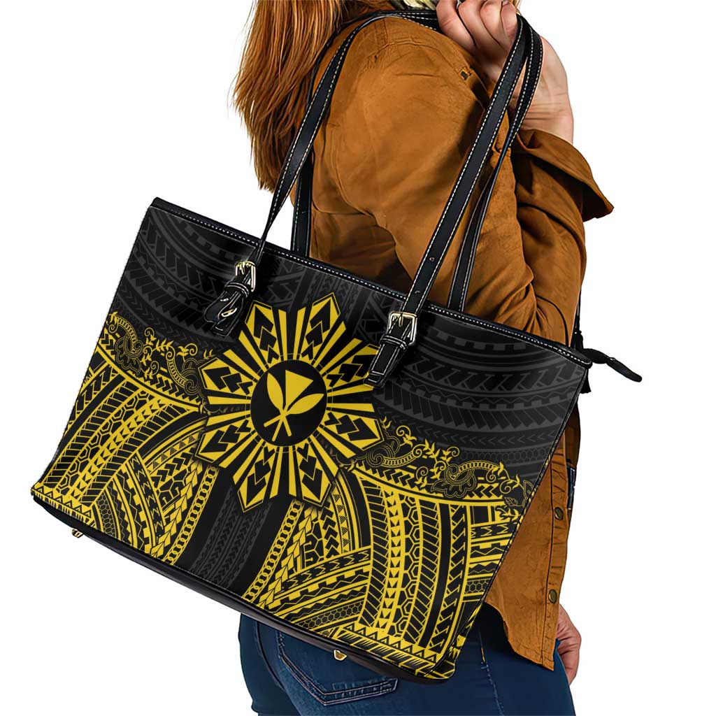 Hawaii And Philippines Together Leather Tote Bag Polynesian Pattern With Filipino Barong Gold LT05 - Polynesian Pride