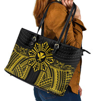 Hawaii And Philippines Together Leather Tote Bag Polynesian Pattern With Filipino Barong Gold LT05 - Polynesian Pride