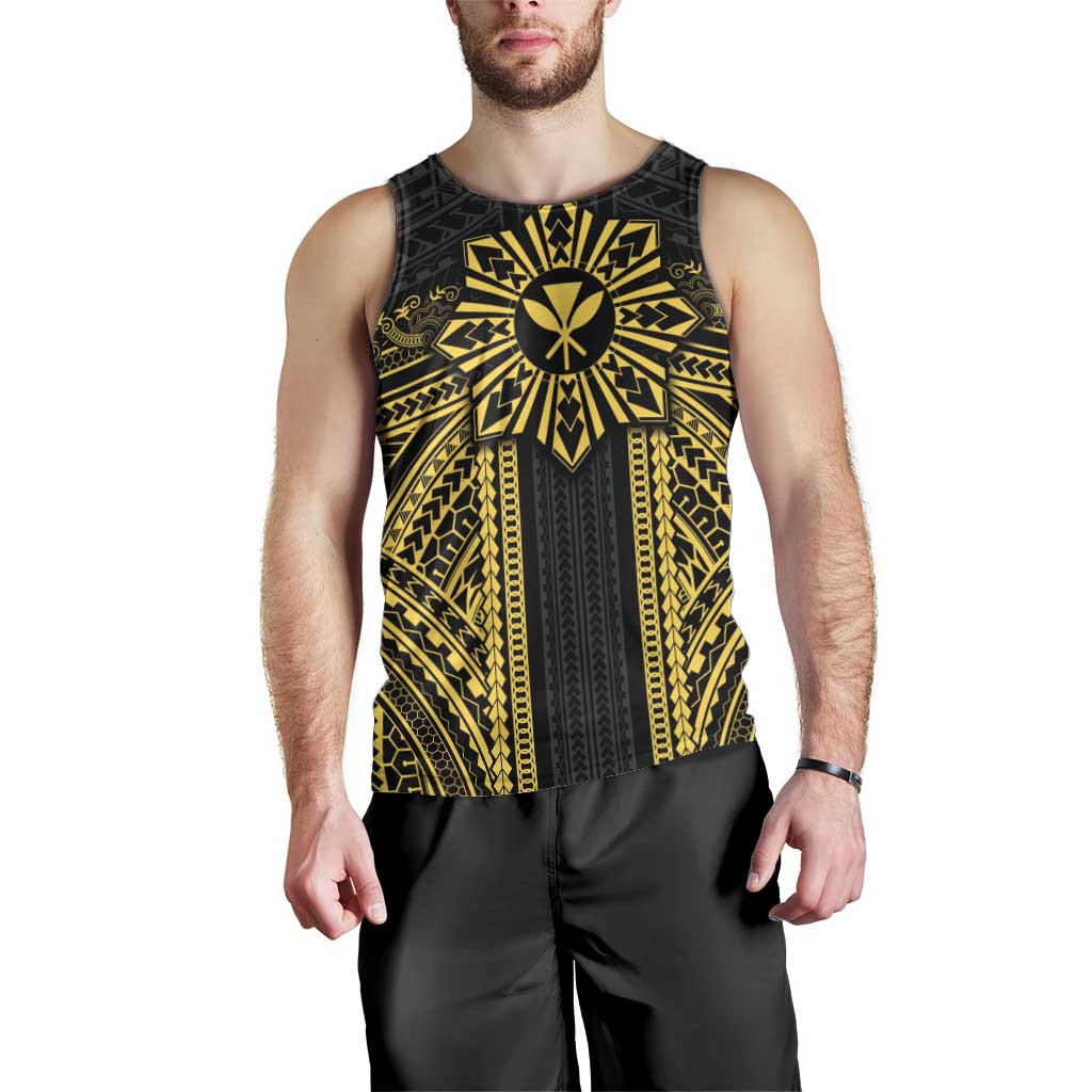 Hawaii And Philippines Together Men Tank Top Polynesian Pattern With Filipino Barong Gold