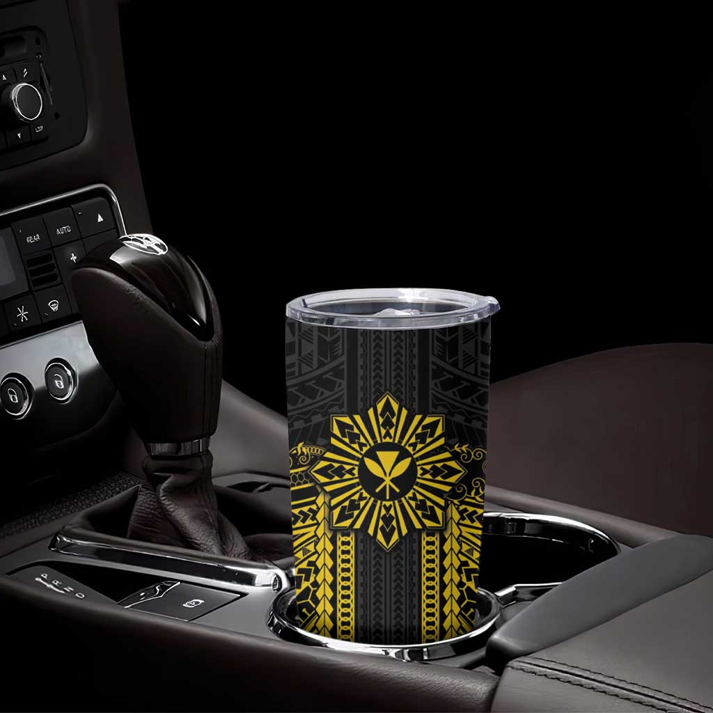 Hawaii And Philippines Together Tumbler Cup Polynesian Pattern With Filipino Barong Gold