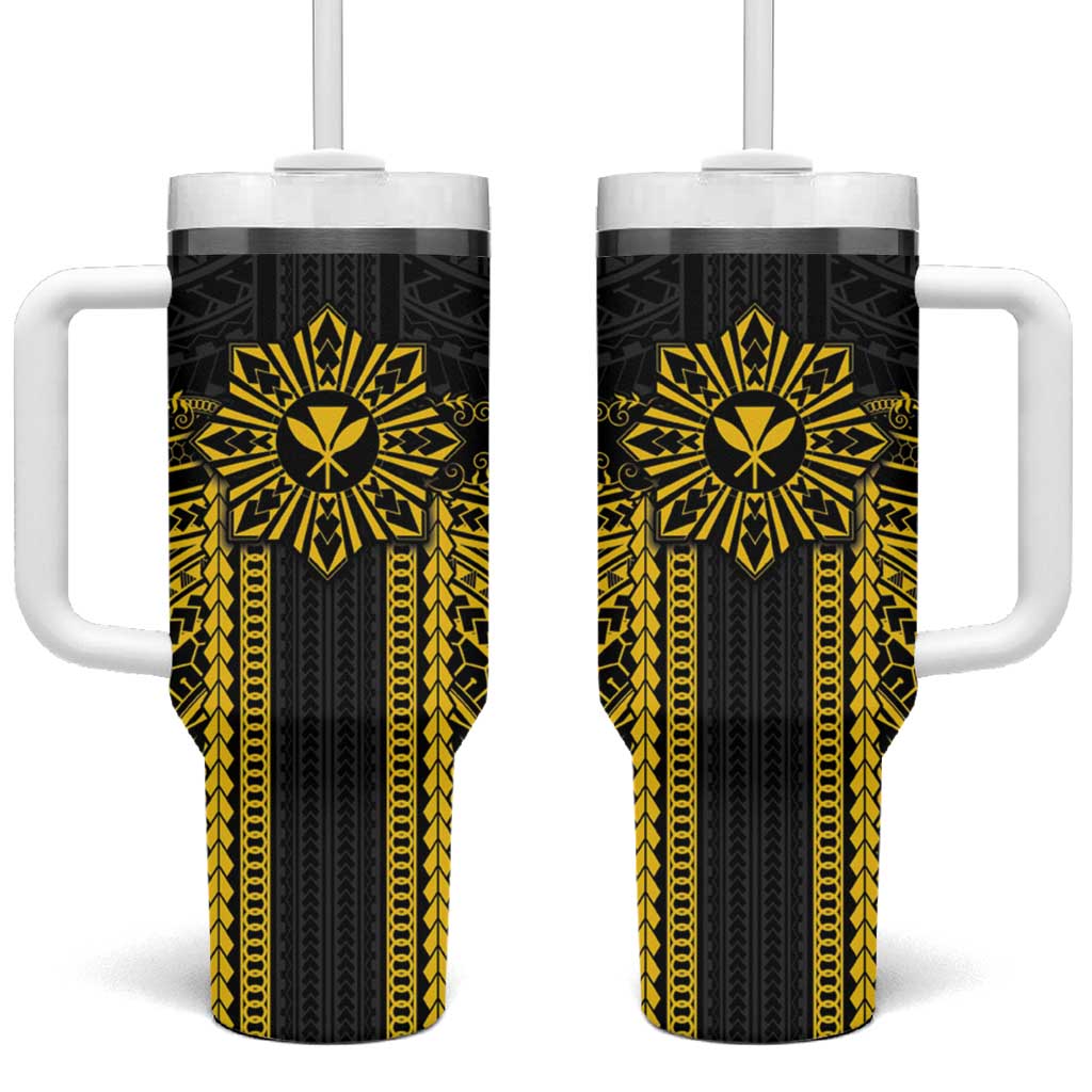 Hawaii And Philippines Together Tumbler With Handle Polynesian Pattern With Filipino Barong Gold LT05 One Size: 40 oz Gold - Polynesian Pride