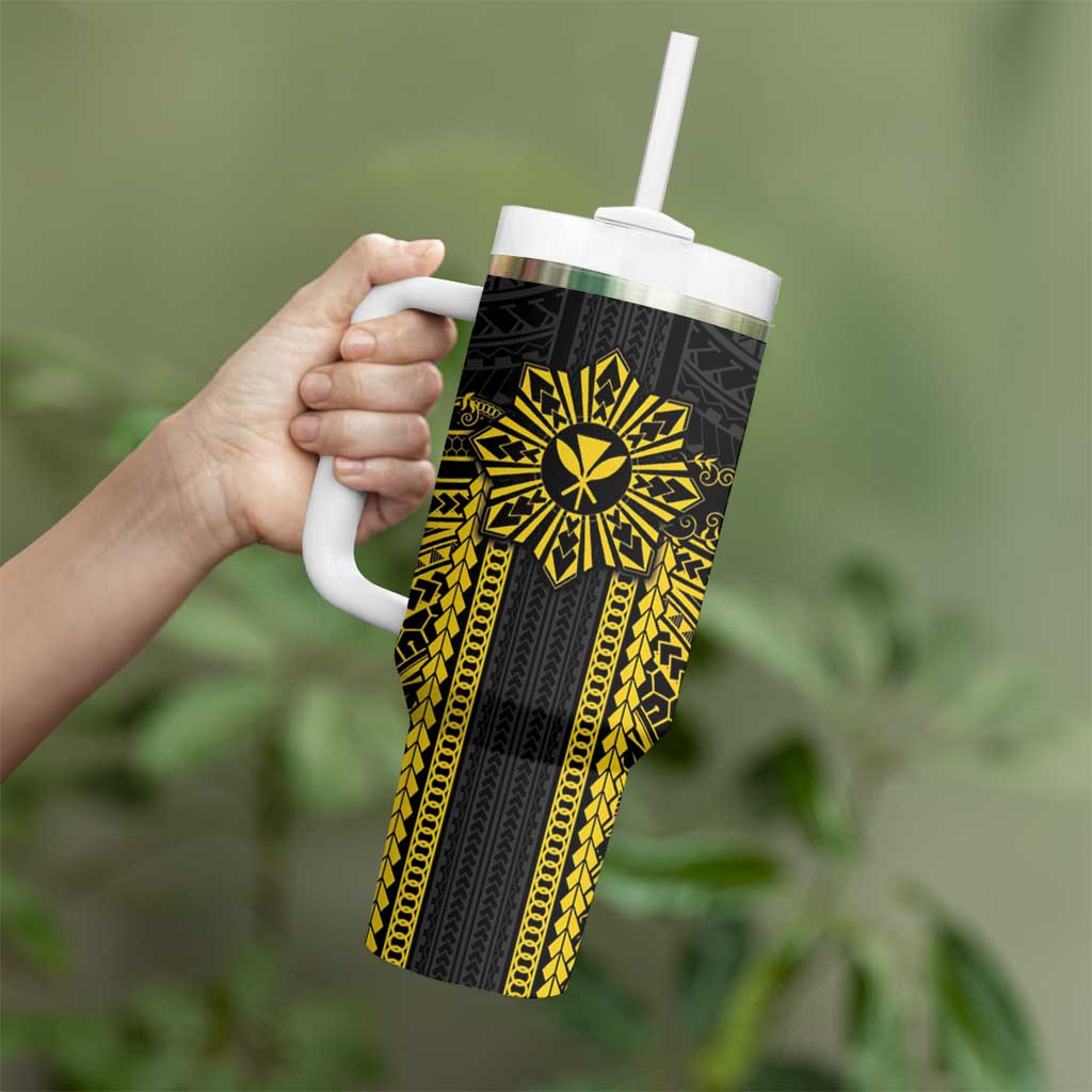 Hawaii And Philippines Together Tumbler With Handle Polynesian Pattern With Filipino Barong Gold LT05 - Polynesian Pride