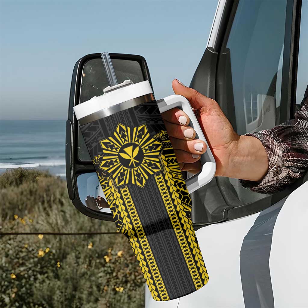 Hawaii And Philippines Together Tumbler With Handle Polynesian Pattern With Filipino Barong Gold LT05 - Polynesian Pride