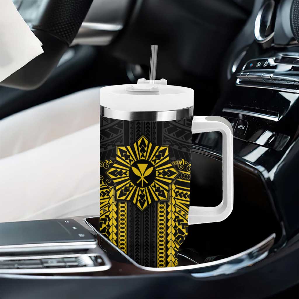 Hawaii And Philippines Together Tumbler With Handle Polynesian Pattern With Filipino Barong Gold LT05 - Polynesian Pride