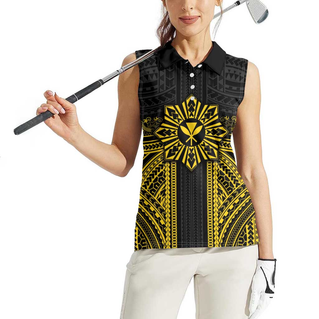 Hawaii And Philippines Together Women Sleeveless Polo Shirt Polynesian Pattern With Filipino Barong Gold