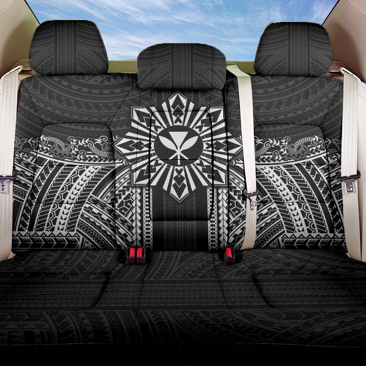 Hawaii And Philippines Together Back Car Seat Cover Polynesian Pattern With Filipino Barong Black LT05 One Size Black - Polynesian Pride