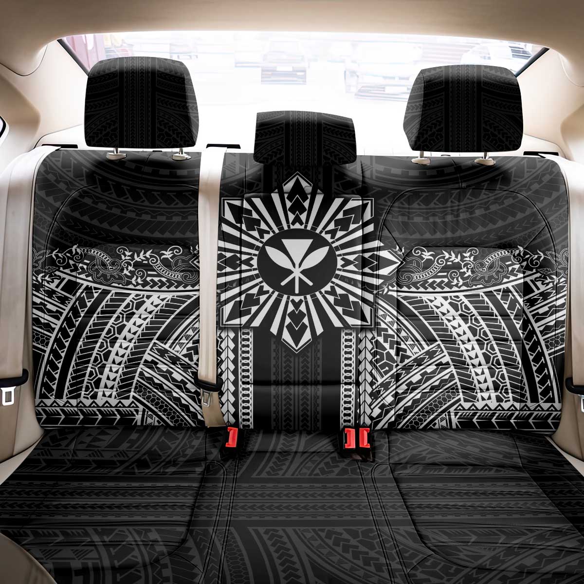 Hawaii And Philippines Together Back Car Seat Cover Polynesian Pattern With Filipino Barong Black LT05 - Polynesian Pride