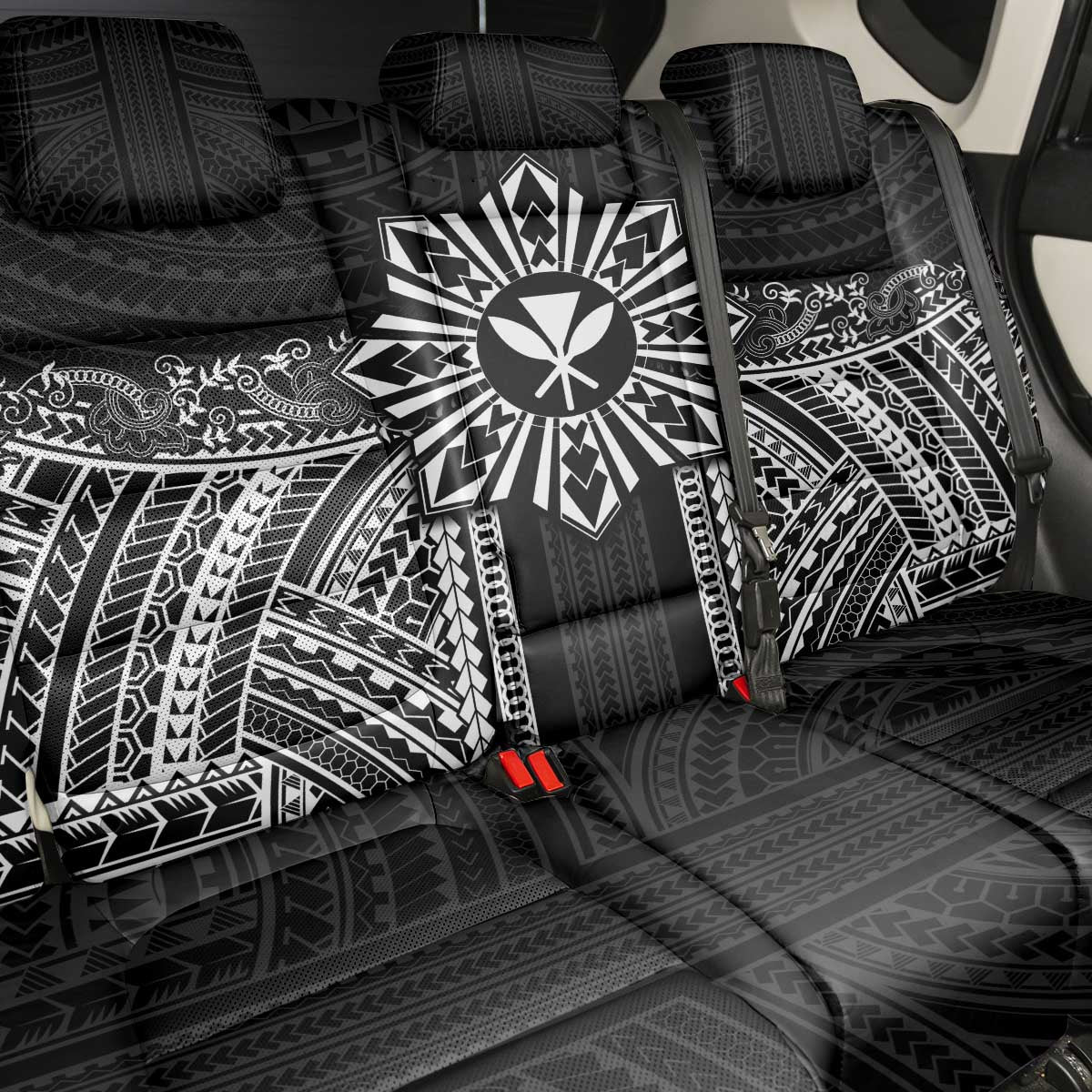Hawaii And Philippines Together Back Car Seat Cover Polynesian Pattern With Filipino Barong Black LT05 - Polynesian Pride