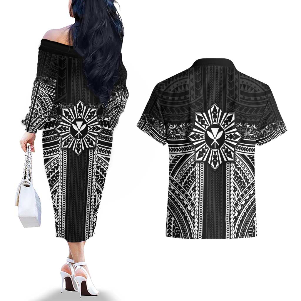 Hawaii And Philippines Together Couples Matching Off The Shoulder Long Sleeve Dress and Hawaiian Shirt Polynesian Pattern With Filipino Barong Black LT05 - Polynesian Pride