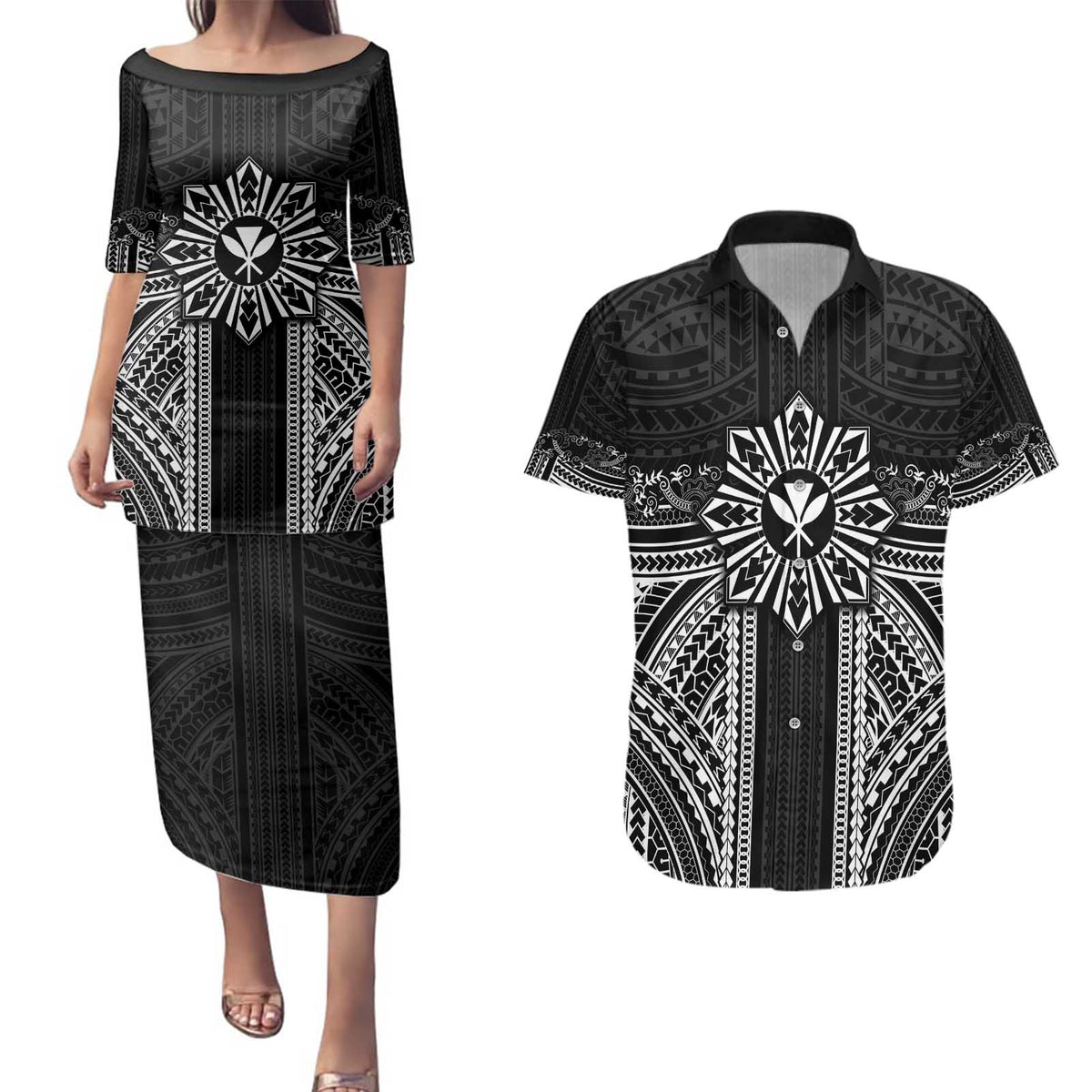 Hawaii And Philippines Together Couples Matching Puletasi and Hawaiian Shirt Polynesian Pattern With Filipino Barong Black