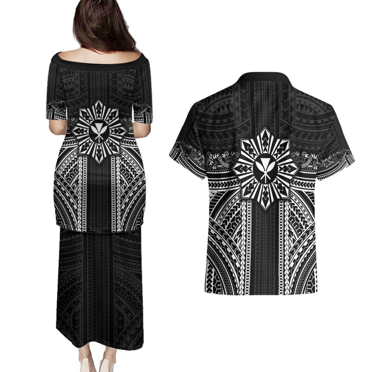 Hawaii And Philippines Together Couples Matching Puletasi and Hawaiian Shirt Polynesian Pattern With Filipino Barong Black