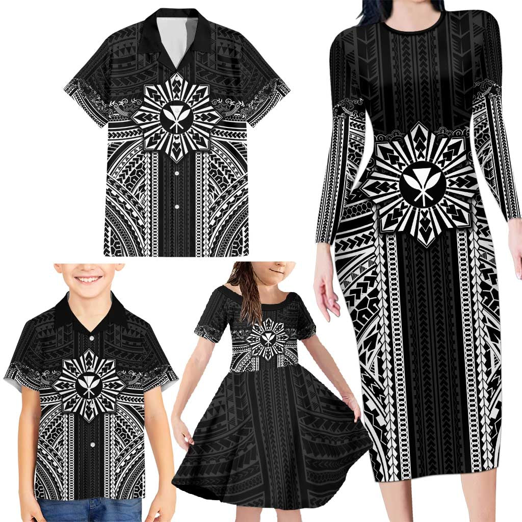 Hawaii And Philippines Together Family Matching Long Sleeve Bodycon Dress and Hawaiian Shirt Polynesian Pattern With Filipino Barong Black LT05 - Polynesian Pride
