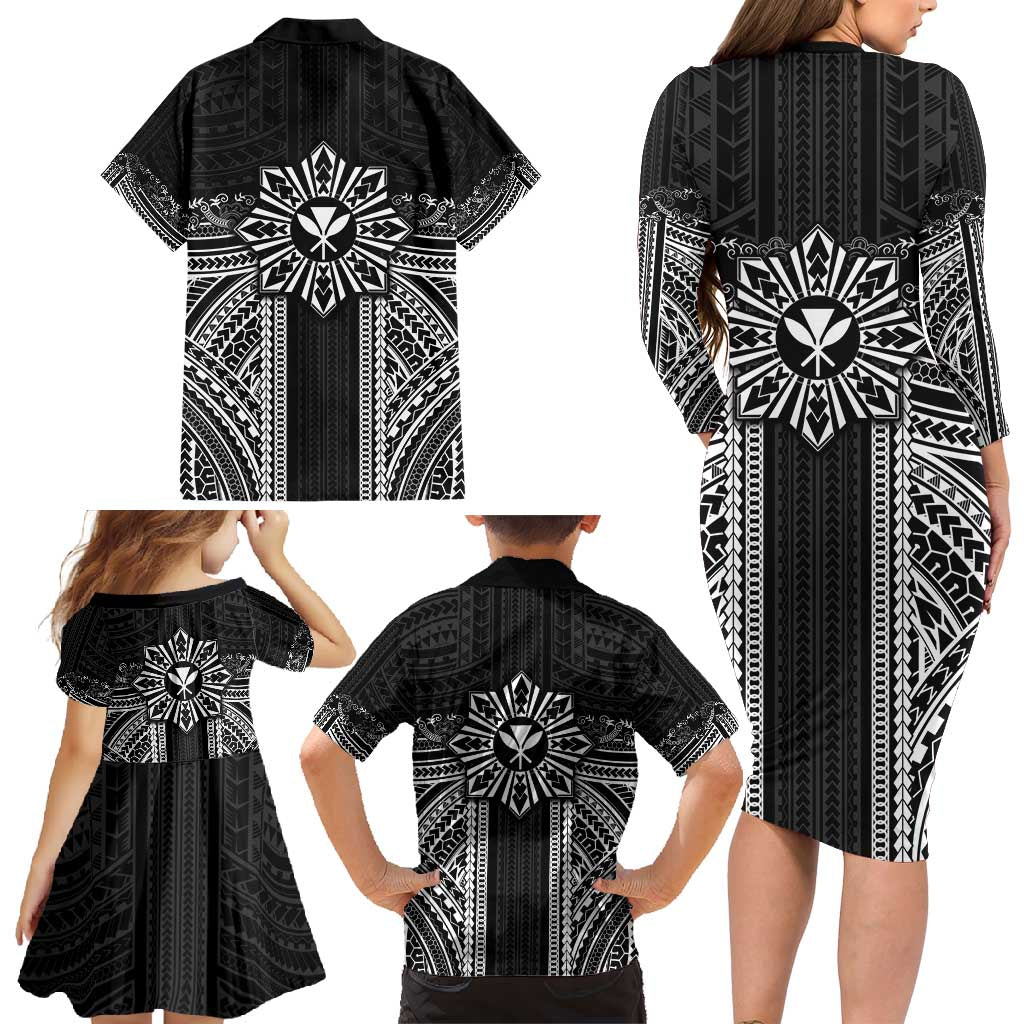 Hawaii And Philippines Together Family Matching Long Sleeve Bodycon Dress and Hawaiian Shirt Polynesian Pattern With Filipino Barong Black LT05 - Polynesian Pride