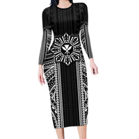 Hawaii And Philippines Together Family Matching Long Sleeve Bodycon Dress and Hawaiian Shirt Polynesian Pattern With Filipino Barong Black LT05 Mom's Dress Black - Polynesian Pride