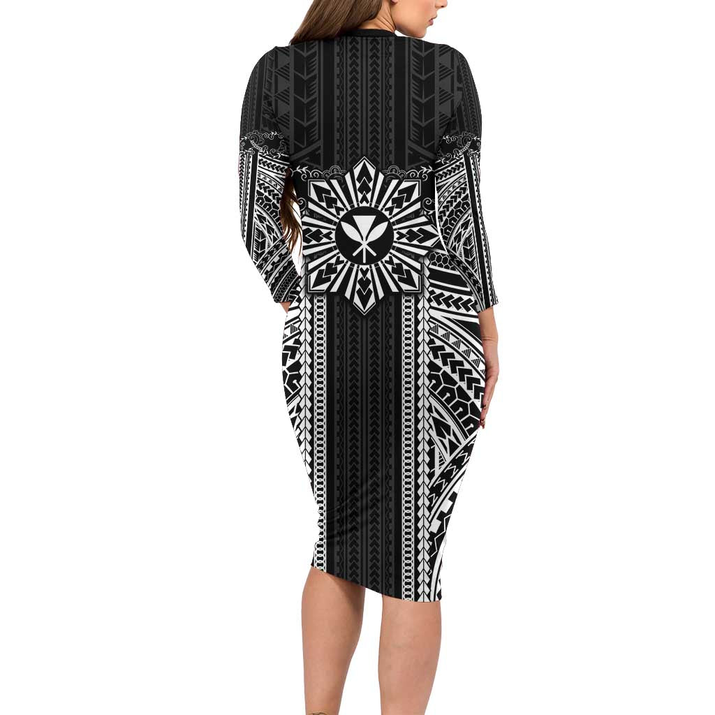 Hawaii And Philippines Together Family Matching Long Sleeve Bodycon Dress and Hawaiian Shirt Polynesian Pattern With Filipino Barong Black LT05 - Polynesian Pride