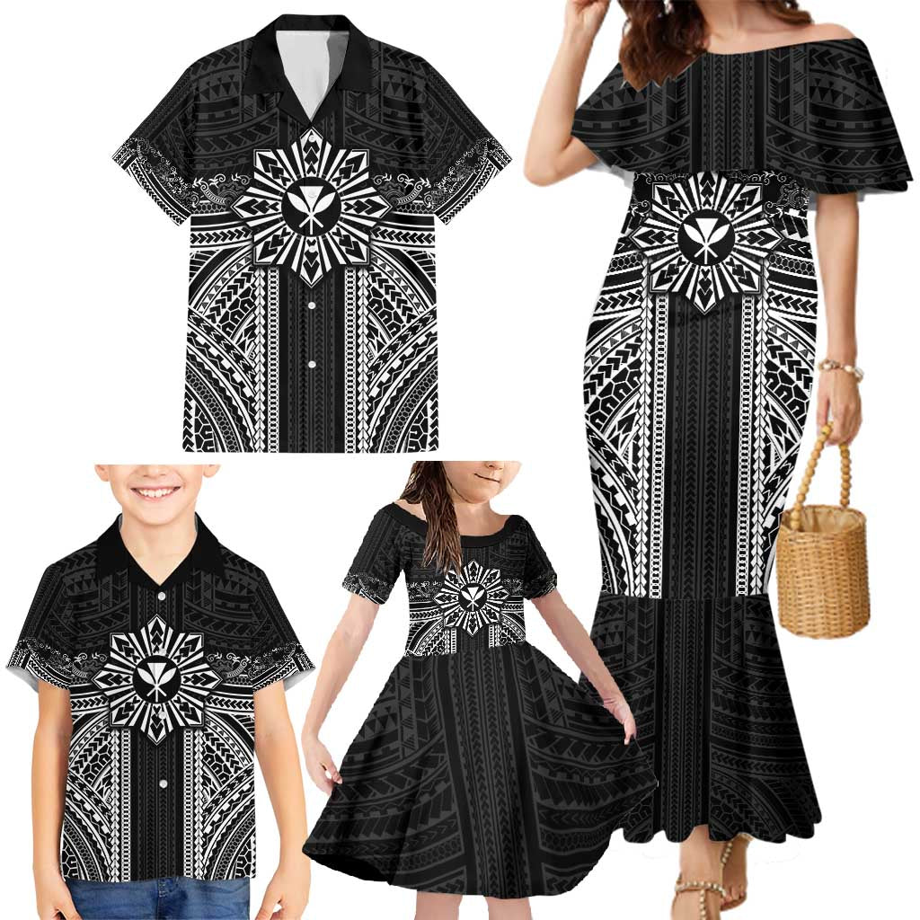 Hawaii And Philippines Together Family Matching Mermaid Dress and Hawaiian Shirt Polynesian Pattern With Filipino Barong Black LT05 - Polynesian Pride