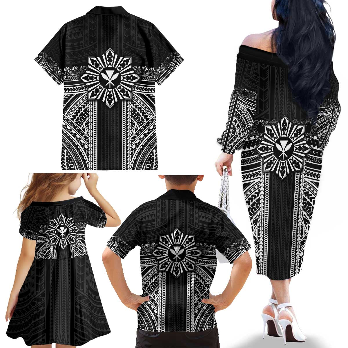 Hawaii And Philippines Together Family Matching Off The Shoulder Long Sleeve Dress and Hawaiian Shirt Polynesian Pattern With Filipino Barong Black LT05 - Polynesian Pride