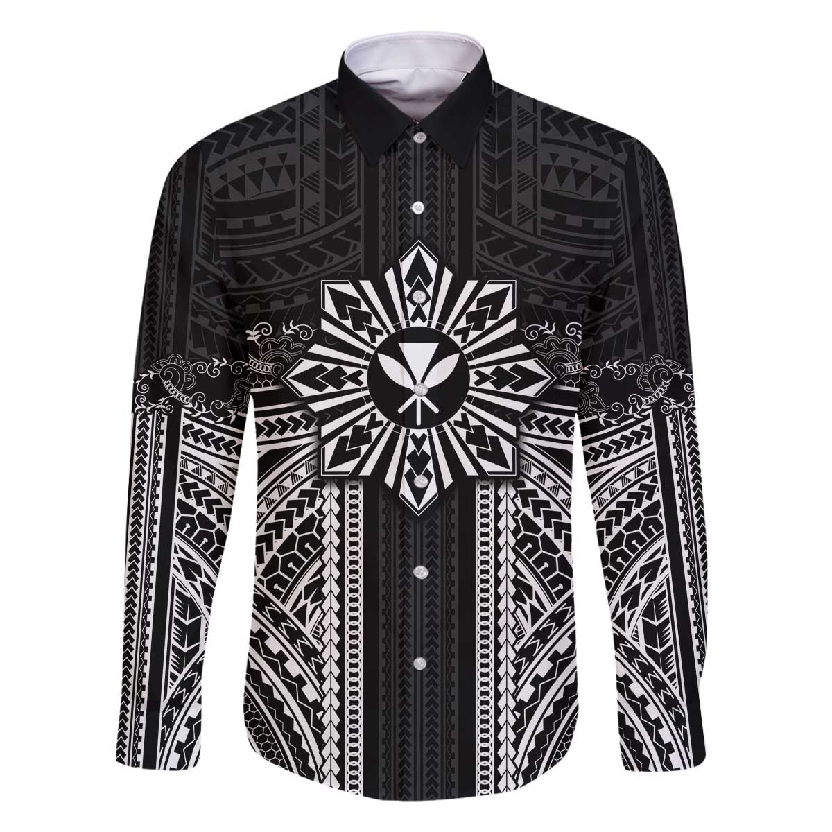 Hawaii And Philippines Together Family Matching Off The Shoulder Long Sleeve Dress and Hawaiian Shirt Polynesian Pattern With Filipino Barong Black LT05 Dad's Shirt - Long Sleeve Black - Polynesian Pride