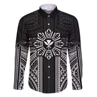 Hawaii And Philippines Together Family Matching Off The Shoulder Long Sleeve Dress and Hawaiian Shirt Polynesian Pattern With Filipino Barong Black LT05 Dad's Shirt - Long Sleeve Black - Polynesian Pride